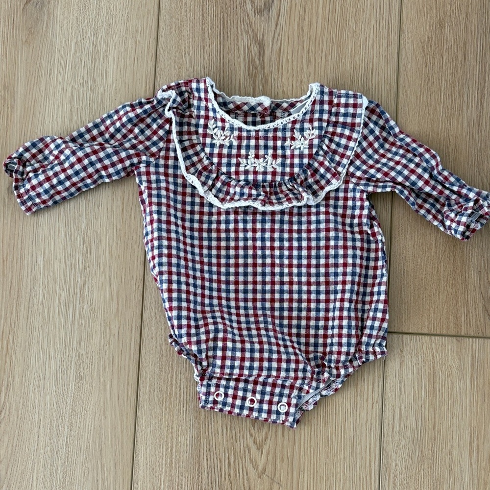 Nicole Miller New York Baby‎ Romper 0-3M Red Blue Gingham Embroidered Collar